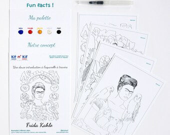 Kit aquarelle nomade, Frida Kahlo, avec peinture, pinceau réservoir d’eau, 4 cartes à peindre, pour enfants et adultes, aquarelle débutant