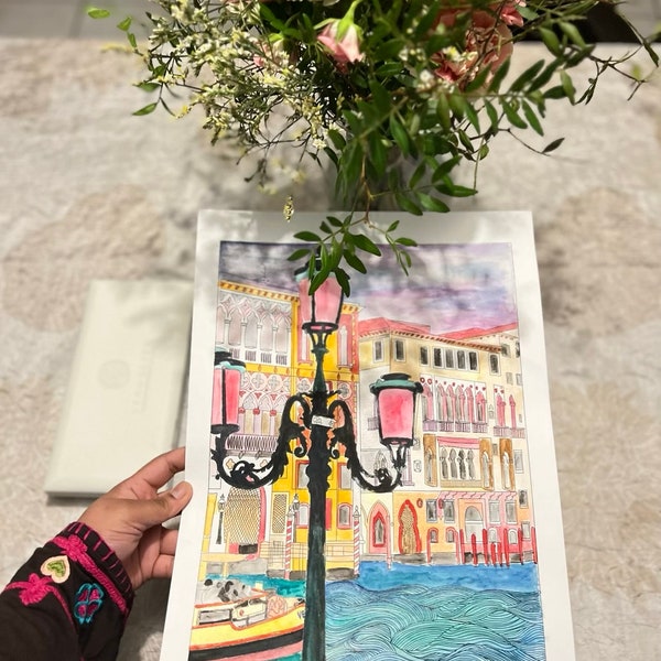 Affiche à peindre aquarelle, Venise, illustration Inde, pinceau réservoir d’eau, peinture, pour enfants et adultes, aquarelle débutant