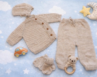 Pasgeboren babyoutfit, gebreide babykleding, katoenen gebreide babykleding, babyshowercadeau, pasgeboren thuiskomstset, babykleding van biologisch katoen
