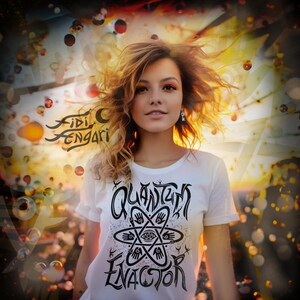 May include: A woman wearing a white t-shirt with the words "Quantum Enactor" in black, with a stylized design. The image has a colorful, blurred background with the name "Fidi C. Fengari" in the upper left corner.