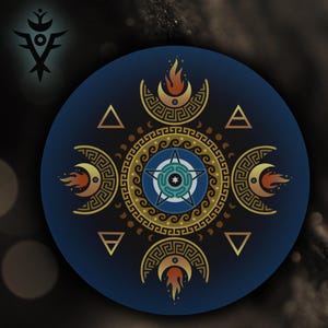 May include: A circular design featuring a central star within a blue and gold pattern. Crescent moons with flames, triangles, and a maze-like border surround the star. A teal symbol is in the upper left corner. The design is set against a dark background.