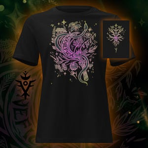 May include: Black t-shirt with a detailed illustration of a snake entwined with plants and the text "KENEFUGE" in a pink and purple gradient. The design includes stars and botanical elements. A smaller version of the design is on the shirt's tag.