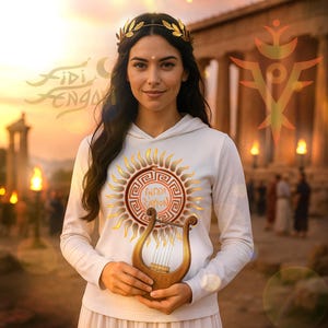 Puede incluir: Una mujer con una sudadera blanca con un gráfico de sol y sosteniendo una lira de madera. La sudadera presenta un diseño de sol con texto griego. Lleva una corona de laurel dorada. El fondo muestra un entorno arquitectónico antiguo con una puesta de sol.