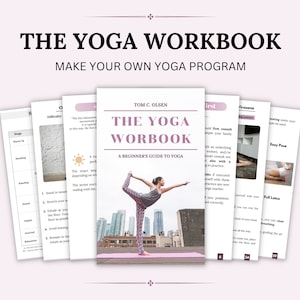 Könnte beinhalten: Ein farbenfroher Buchumschlag mit dem Titel "The Yoga Workbook: Make Your Own Yoga Program" von Tom C. Olsen. Das Cover zeigt eine Frau in einer Yoga-Pose auf einer rosa Matte mit einer Skyline im Hintergrund.