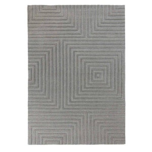 May include: A gray area rug with a geometric pattern of squares within squares.