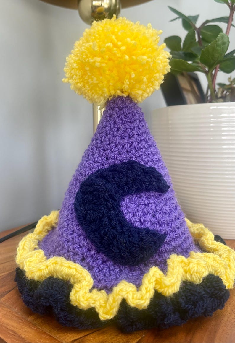 May include: Purple crocheted party hat with a yellow pom-pom on top and a blue felt letter C on the front. The hat has a yellow and blue ruffled trim.