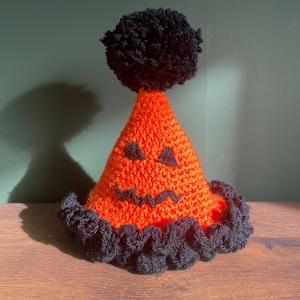 Handmade, reusable crochet birthday/ party hat (clown hat) - customisable orange and black