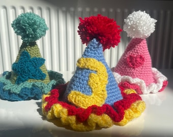 Handmade, reusable crochet birthday/ party hat (clown hat) - customisable