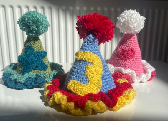 Handmade, reusable crochet birthday/ party hat (clown hat) - customisable
