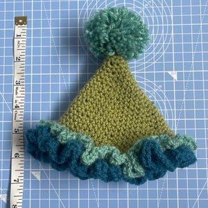May include: A green crocheted hat with a blue and green ruffled brim and a green pom-pom on top.