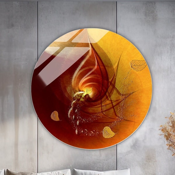 EDITION LIMITEE Feuille d'or | Tableau rond plexiglas | Dégradé de rouge | De belles feuilles d'or jaillissant d'un décalé de cœurs rouges