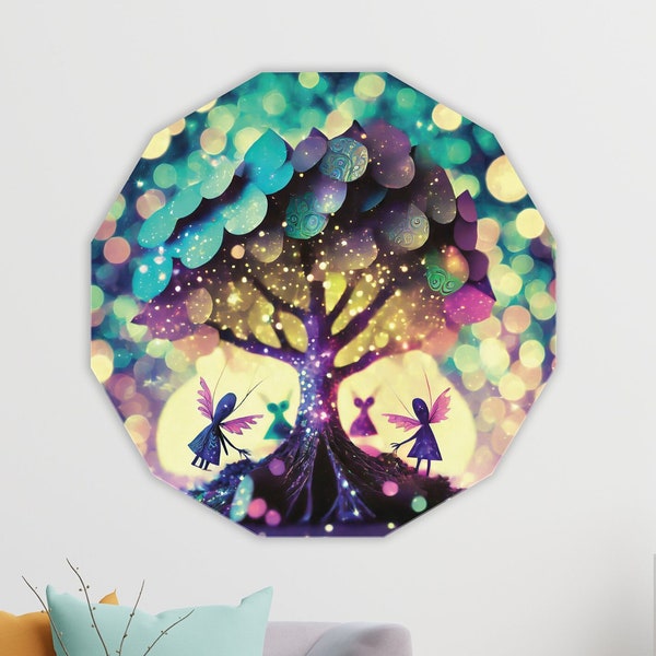 DECO arbre magique | TABLEAU déco plexiglas - aluminium | Rond - Polygone - carré  |  Art mural salon | Ensemble de couleurs féériques.