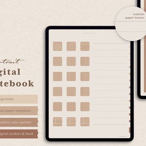 Portrait Digital Notebook – 14 Hyperlinked Tabs – 18 Digital Notes Templates – 92 FREE Digital Stickers – For iPad, GoodNotes, Notability