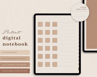 Portrait Digital Notebook: Hyperlinked 14 Tabs, 18 Note Templates, 92 Stickers, GoodNotes Planner, Journal