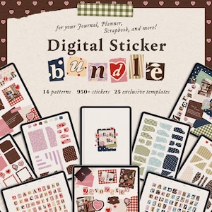 Könnte beinhalten: Ein digitales Sticker-Bundle mit dem Text "Digital Sticker Bundle" im Collage-Stil. Das Bild enthält mehrere digitale Tablets, die verschiedene Sticker-Designs, Muster und Vorlagen anzeigen. Der Text lautet "für Ihr Journal, Planner, Scrapbook und mehr!" und "14 Muster 950+ Sticker 25 exklusive Vorlagen."
