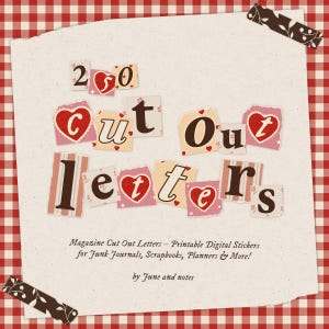 Op de afbeelding: Een digitale stickerset met 250 uitgeknipte letters in diverse lettertypes en kleuren, vaak versierd met rode hartjes. De tekst luidt 250 cut out letters, Magazine Cut Out Letters – Printable Digital Stickers for Junk Journals, Scrapbooks, Planners & More! by June and notes.