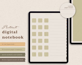 Hyperlinked Digital Notebook: Portrait, 14 Tabs, 18 Templates, 92 Stickers