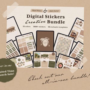 May include: A digital sticker creative bundle for planners and bullet journals featuring 1800+ stickers, 12 colors, and 36 templates. The display shows multiple tablet screens with various sticker layouts, text elements, and a central brown cover.