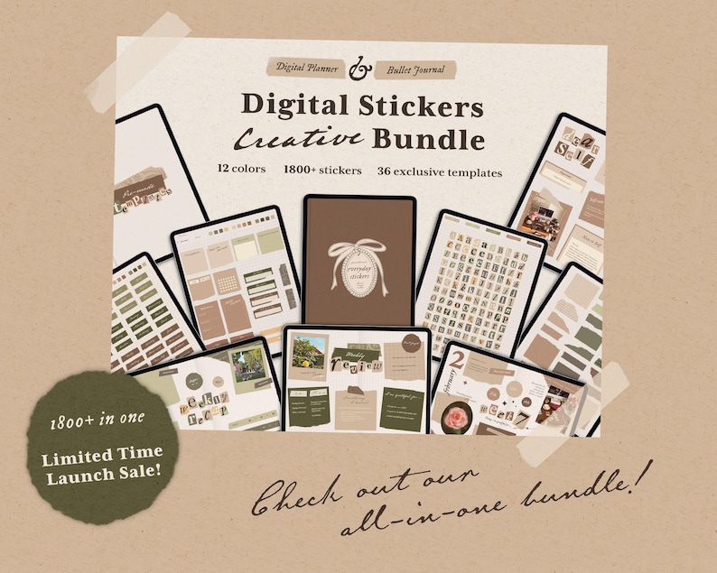 May include: A digital sticker creative bundle for planners and bullet journals featuring 1800+ stickers, 12 colors, and 36 templates. The display shows multiple tablet screens with various sticker layouts, text elements, and a central brown cover.