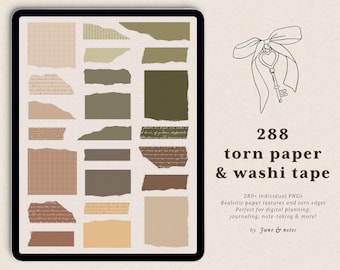 Torn Paper Digital Stickers: Washi Tape, Sticky Notes, Planner, Journal (288 PNG, Pre-Cropped GoodNotes)