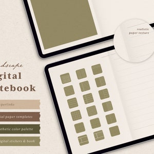 Landscape Digital Notebook – 14 Hyperlinked Tabs – Digital Planner, Bujo & Note Taking – Student GoodNotes Templates – FREE Digital Stickers