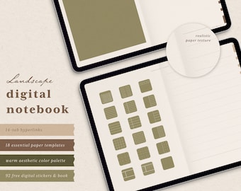 Landscape Digital Notebook with 14-Tab Hyperlinks: GoodNotes Planner, Journal, Note Taking Template, 92 Stickers