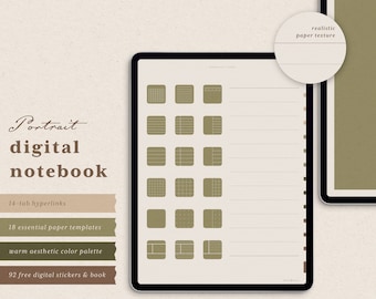 Hyperlinked Portrait Digital Notebook: 14 Tabs, 18 Templates, 92 Stickers (GoodNotes, Notability, Noteshelf)