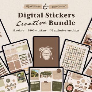 Puede incluir: Un paquete de pegatinas digitales y planificadores con más de 1800 pegatinas y 36 plantillas en 12 colores. La imagen muestra varias pantallas de tabletas con diseños estéticos en marrón y verde, incluyendo alfabetos, marcos y páginas semanales.