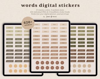 Words Digital Stickers: Boho Planner, Journal Washi Tapes (620+ PNG, Pre-Cropped GoodNotes Stickerbook)