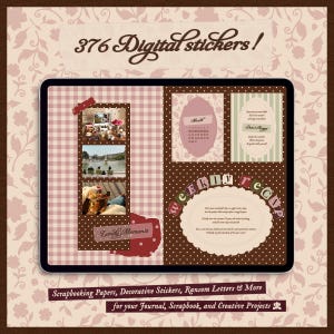 May include: Digital scrapbook kit with 376 stickers. The image shows a digital tablet with a scrapbook layout. The layout includes photos, a calendar, and text that reads "Weekly Recap" and "Lovely Moments". The background is a floral pattern.