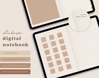 Landscape Digital Notebook: Hyperlinked 14 Tabs, 18 Templates, GoodNotes Planner, Bullet Journal, 92 Stickers