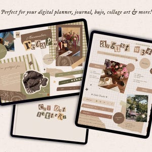 May include: Three digital tablet screens displaying planner layouts with a brown and green color palette. The screens feature collage-style elements, including cut-out letters spelling November Recap, August W34, and Cut Out letters, photos, and grids.