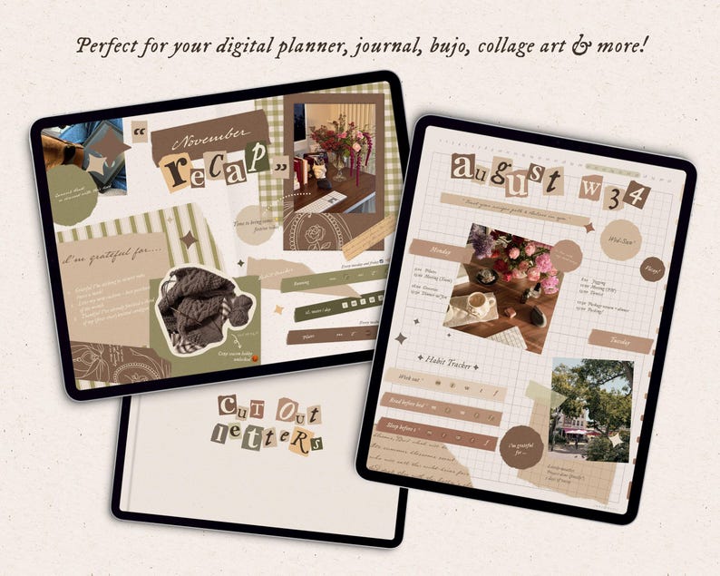 May include: Three digital tablet screens displaying planner layouts with a brown and green color palette. The screens feature collage-style elements, including cut-out letters spelling November Recap, August W34, and Cut Out letters, photos, and grids.