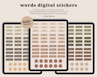 Digitale Aufkleber mit Worten: Boho Planner, Journal Washi Tapes (620+ PNG, Pre-Cropped GoodNotes Stickerbook)