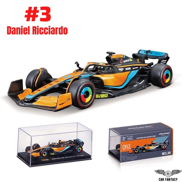 2022 Daniel Ricciardo McLaren MCL36 F1 Car Model 1/43 size (Burago), Formula 1 Car Model Gift, Formula 1 Merch, Toy Car Model