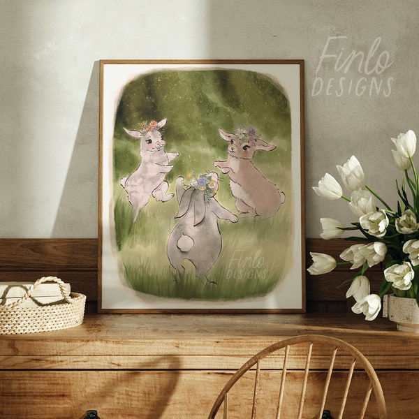 Dancing Bunnies, Summer Edition | Cute Bunny Wall Art | Watercolor Animals | Nursery Décor | Gallery Set | Holiday Décor