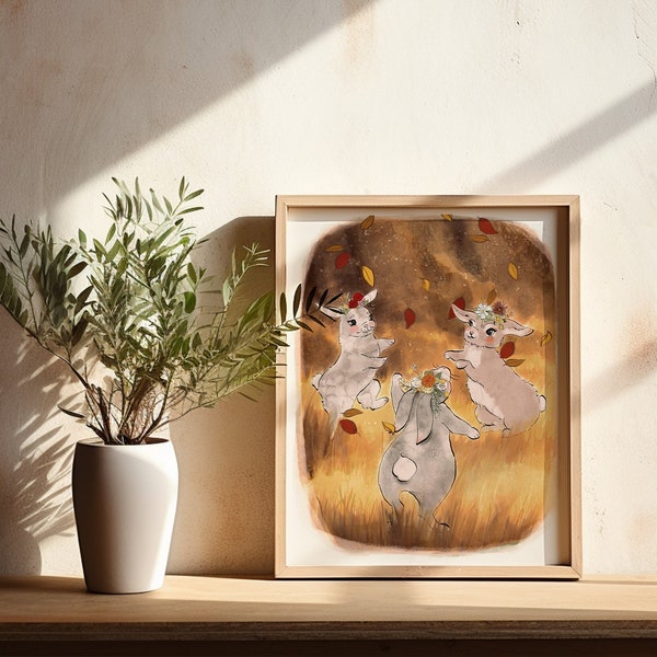 Dancing Bunnies, Fall Edition | Cute Bunny Wall Art | Watercolor Animals | Nursery Décor | Gallery Set | Holiday Décor