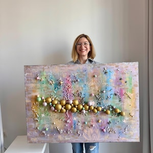 Textured Abstract Art – Mixed Media Painting with 3D spheres – Pastel Colors – Gold & Pearls Canvas – One of a Kind Wall Art