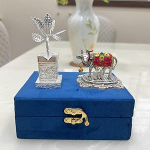 German Silver Tulsi Plant & Cow Calf Statue Set: Hindu Pooja Decor
