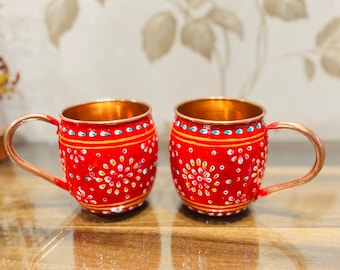 100% Pure Copper Mugs, Set of 2 Oz Drinking Mug, Drinkware, Moscow Mule Mugs, Anniversary Gift, Hand painted Copper Mug, Copper Healing Mugs