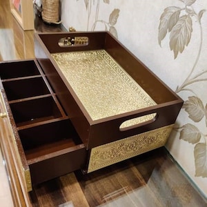 Wooden & Brass Drawer Tray, Makeup Jewelry Organizer, Dressers Bedroom Furnitures, Serving Tray, Organizer For Office, Gifting , Home Decor