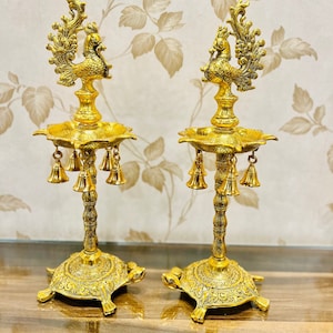 German Silver Tortoise Golden Samai, Set of 2 Oil Lamps, 18 inch Samai , Diya Stand, Oil Wick Lamp, Traditional Oil Lamp, Housewarming Gift