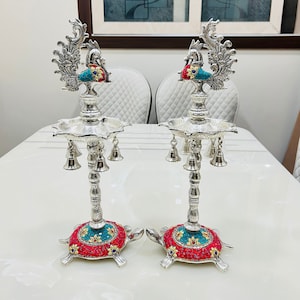 German Silver Peacock Tortoise Samai, 5 Oil Wick Lamp, Long Diya, Handcrafted Deepak ,Temple Decor, Diya Stand, Entryways Decor, Kerala Lamp