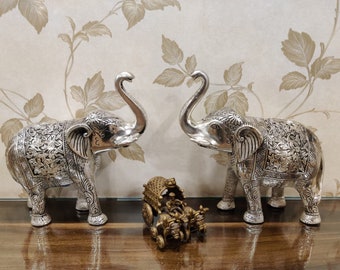 German Silver Handmade Elephant Pair Statue with intricate Carving for Center Table, Puja article figurine, Home Décor ,Christmas Gift