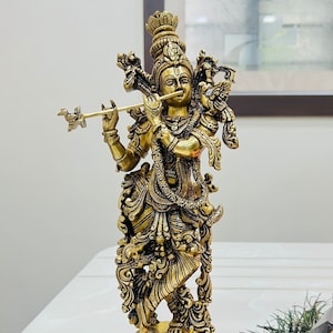 Brass Krishna Statue, Krishna Statue For Home Decor, Corner Table Decor, Krishna Idol, Indian Brass Art, Brass Figurine, Pooja Decor Gift