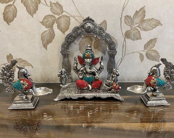 German silver Lord Ganesh And 2 Peacock Diya, Semi Precious Stone Work Ganesh,  Ganesh Statue for Temple,  Hindu God Idol, Housewarming Gift