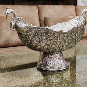 German Silver Decorative Serving Peacock Bowl, Fruit Bowl, Dinning Table Decor, Luxurious Fruit Snack Candy Serving Bowl Stand, Centerpiece