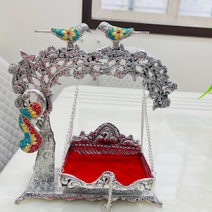 German Silver Krishna Swing: Handcrafted Hindu Temple Decor