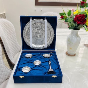 German Silver Pooja Thali Set with Velvet Box: Religious Gift