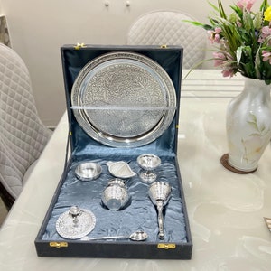 Duitse zilveren Pooja Thali, 8-delige puja thali met fluwelen doos, religieuze geschenken, housewarmingcadeau, zilveren retourcadeau, gratis expreslevering